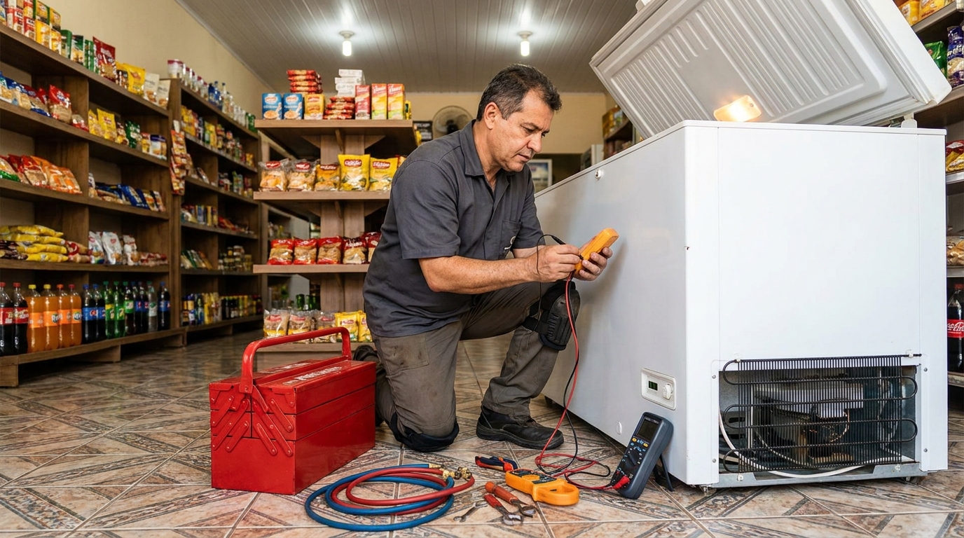 Recarga de gás refrigerante no freezer durante atendimento em Indaiatuba‑SP
